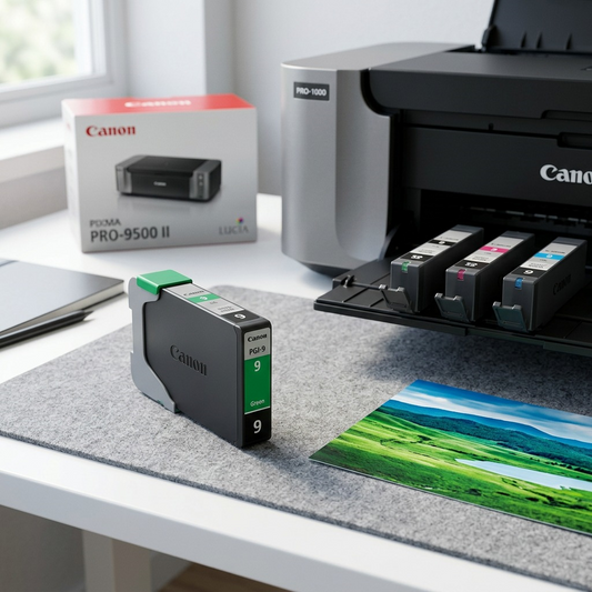 A Canon PGI-9 Green Ink Tank sits beside a professional photo printer, with a vibrant travel photo in the foreground.