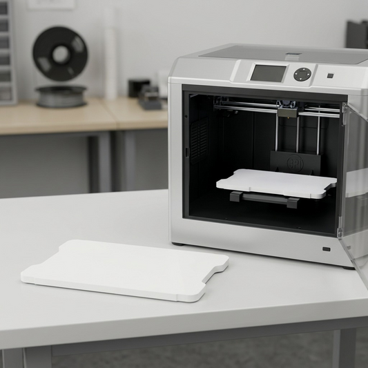 A visual scale comparison of the white Dremel BP20-01 build platform next to a compatible 3D printer.