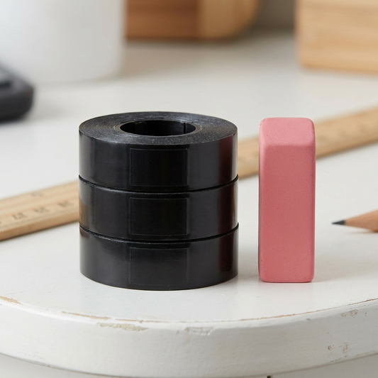 Three-pack of DYMO embossing labels (3/8" wide) next to a pink eraser for scale comparison.
