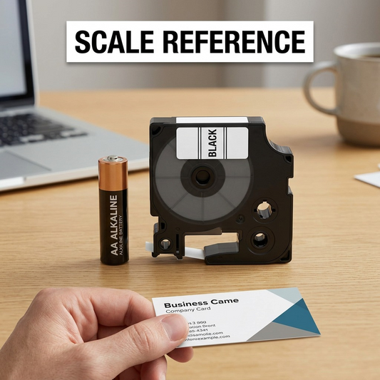 A Dymo 45013 label cartridge stands next to a standard AA battery and a business card on a white desk to show its size.