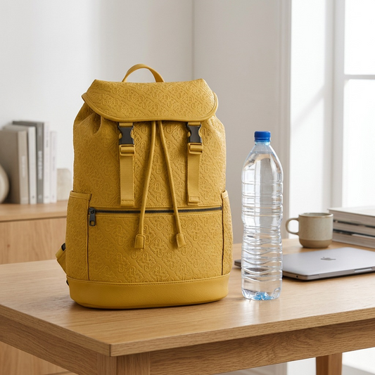 A PU Voltage Yellow backpack beside a clear water bottle on a modern desk for scale reference.