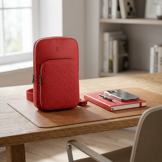 A photo of the red Bugatti sling bag on a desk next to common items for scale reference.