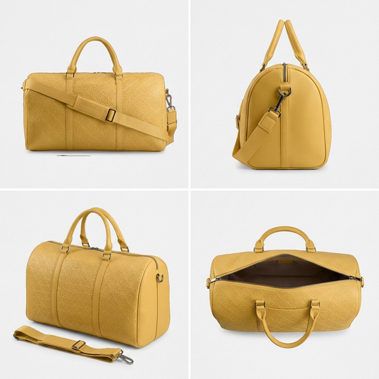 A four-panel grid matrix showing the Voltage Yellow PU duffle bag from front, side, and rear angles.