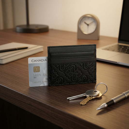 A scale reference image for the Bugatti card holder on a desk with a credit card and keys.