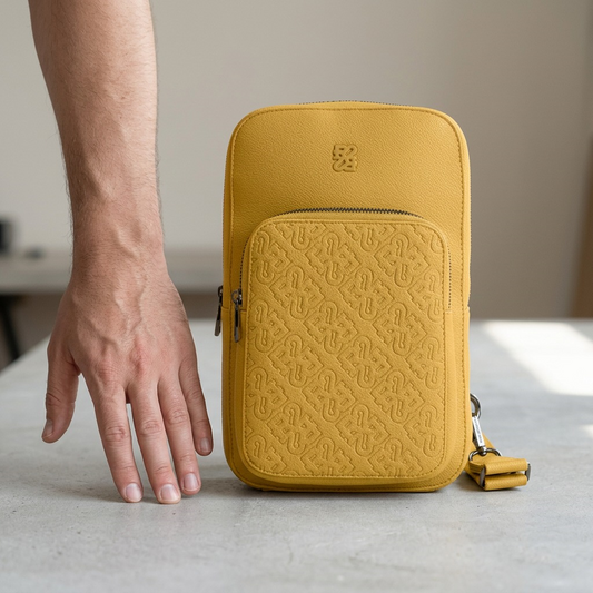 A vertical photo of the Bugatti Rick Ross sling bag next to a human hand for scale reference.