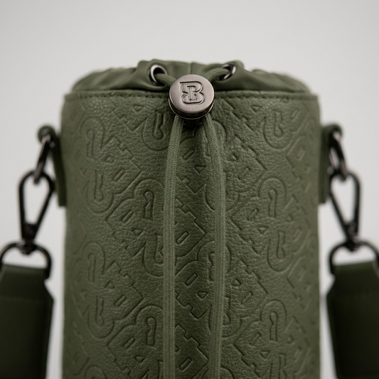 A macro photograph focusing on the textured leather, the branded logo toggle, and the metal strap clip.