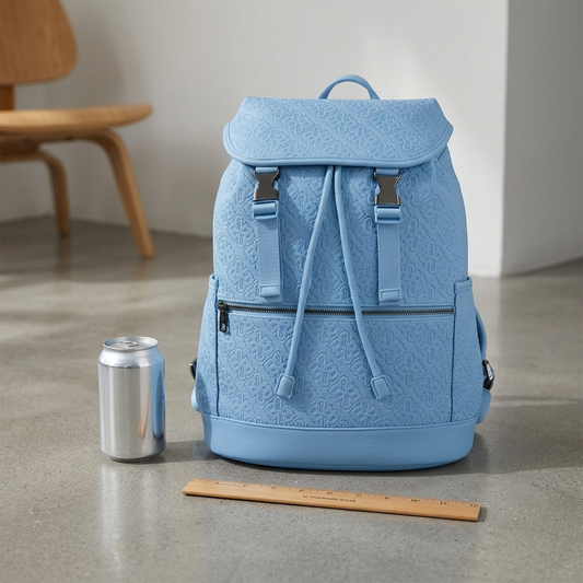 Blue backpack standing next to a common aluminum beverage can for easy visual size comparison and scale.