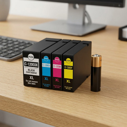 A scale reference image showing the PGI-1200XL ink cartridges placed on an office desk next to a standard AA battery.