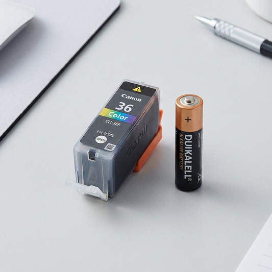 A photo of the single CLI-36 ink cartridge beside and slightly smaller than a standard AAA battery.