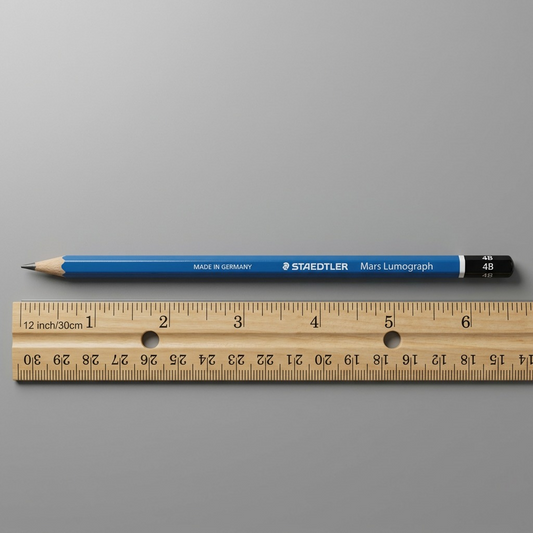 A STAEDTLER Mars Lumograph 4B pencil is shown next to a standard wooden ruler for accurate size reference.