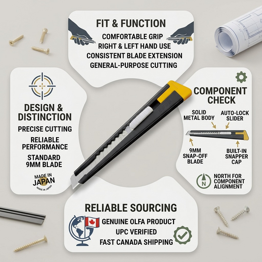 Olfa 180 Precision Knife Trust and Authority matrix infographic showing verified facts and features.