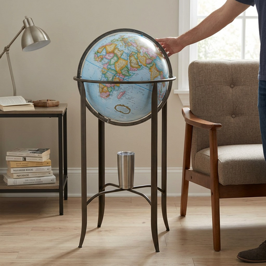 An floor standing 16-inch or 40.5-centimeter diameter globe, with a light-blue ocean, is shown in image 0, positioned in a living room, standing beside a mid-century modern armchair. The arm of the chair is almost exactly the same height as the globe's horizontal metal band.