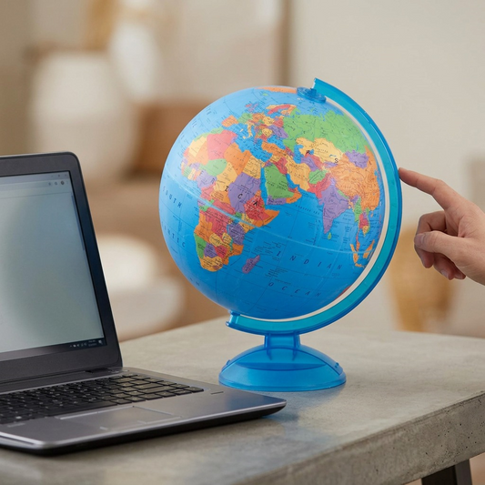 A 12-inch desk globe sits on a concrete table next to a laptop for scale.