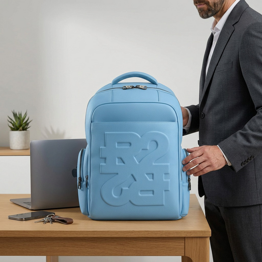 Blue Bugatti backpack on a workspace desk beside a man for size and scale comparison.