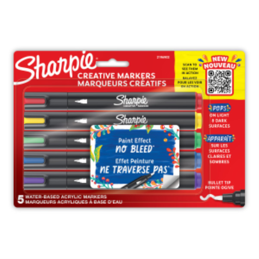 Sharpie Creative Markers, Water-Based Acrylic Markers, Bullet Tip, Assorted Colours, 5 Count