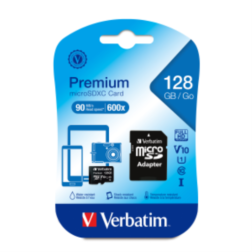 Carte mémoire Verbatim Premium microSDXC — 128 Go, UHS-I, V10, classe 10, avec adaptateur (44085)