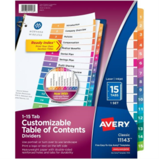 Séparateurs Avery Ready Index® — 15 onglets, 1 ensemble, laser/jet d’encre (11143)