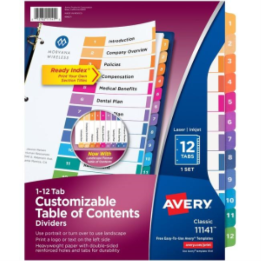 Séparateurs Avery Ready Index® — 12 onglets, 1 ensemble, laser/jet d’encre (11141)