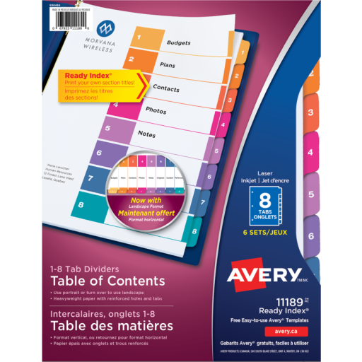 Séparateurs Avery Ready Index® — 8 onglets, 6 ensembles, laser/jet d’encre (11189)
