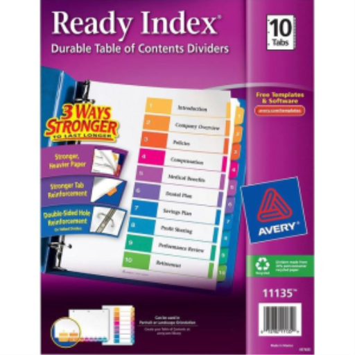 Séparateurs Avery Ready Index® — 10 onglets, 1 ensemble, laser/jet d’encre (11135)