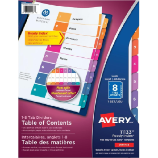 11133 READY INDEX TABLE OF CONTENTS DIVIDERS 8 TAB 1 SET