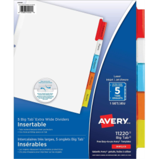 BIG TAB INSERTABLE DIVIDERS, 5 TAB, 1 SET, EXTRA WIDE
