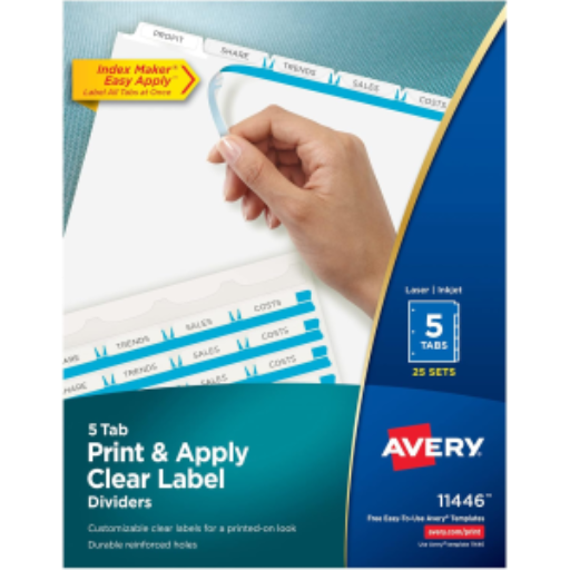 Séparateurs Avery Index Maker® avec étiquettes transparentes — 5 onglets, 25 ensembles, blanc avec étiquettes transparentes (11446)