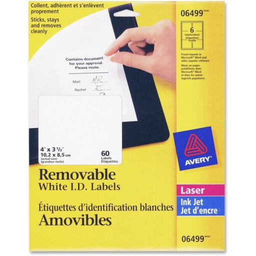 Étiquettes d’identification Avery — 4 x 3 1/3 po, 10 feuilles, amovible (6499)
