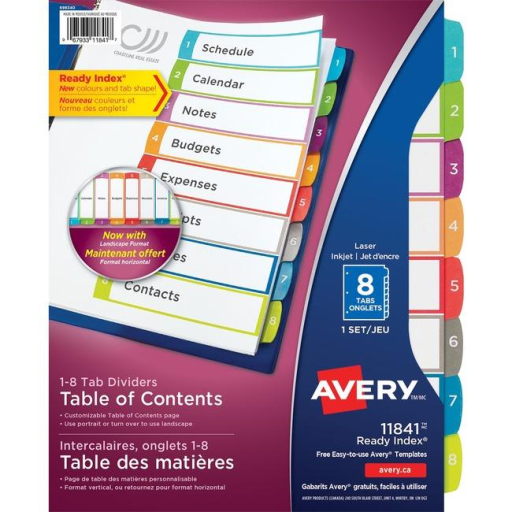 Séparateurs Avery Ready Index® à onglets arqués — 1 à 8, 8 onglets, 1 ensemble, laser/jet d’encre (11841)