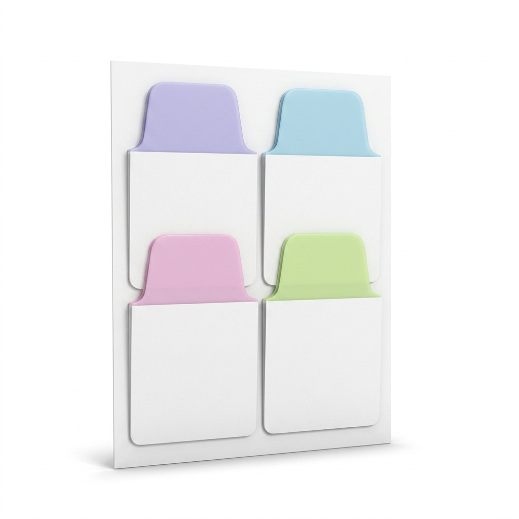 High-resolution 3D render of the four pastel Avery Mini Tabs (pastel lavender, light blue, pink, and light green) displayed neatly on a pure white background