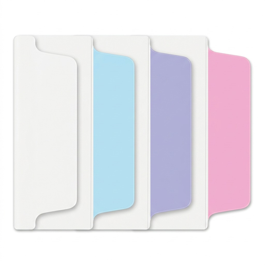 A high-resolution photograph of individual Avery UltraTabs in pastel blue, lavender, and pink, plus one all-white tab, neatly arranged against a pure white background. Each tab has a clear two-sided writeable area from the source material and is shown to realistic scale with sharp edges and realistic lighting. All packaging and text have been removed