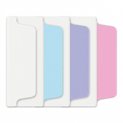 A high-resolution photograph of individual Avery UltraTabs in pastel blue, lavender, and pink, plus one all-white tab, neatly arranged against a pure white background. Each tab has a clear two-sided writeable area from the source material and is shown to realistic scale with sharp edges and realistic lighting. All packaging and text have been removed