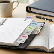 Avery pastel mini tabs on textbook pages with handwriting 'PROJECTS', 'RESEARCH', 'NOTES', and 'DATES'.