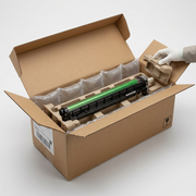 A pristine Xerox standard shipping box with protective air cushioning snugly holds the 101R00602 drum cartridge, showing secure packing.