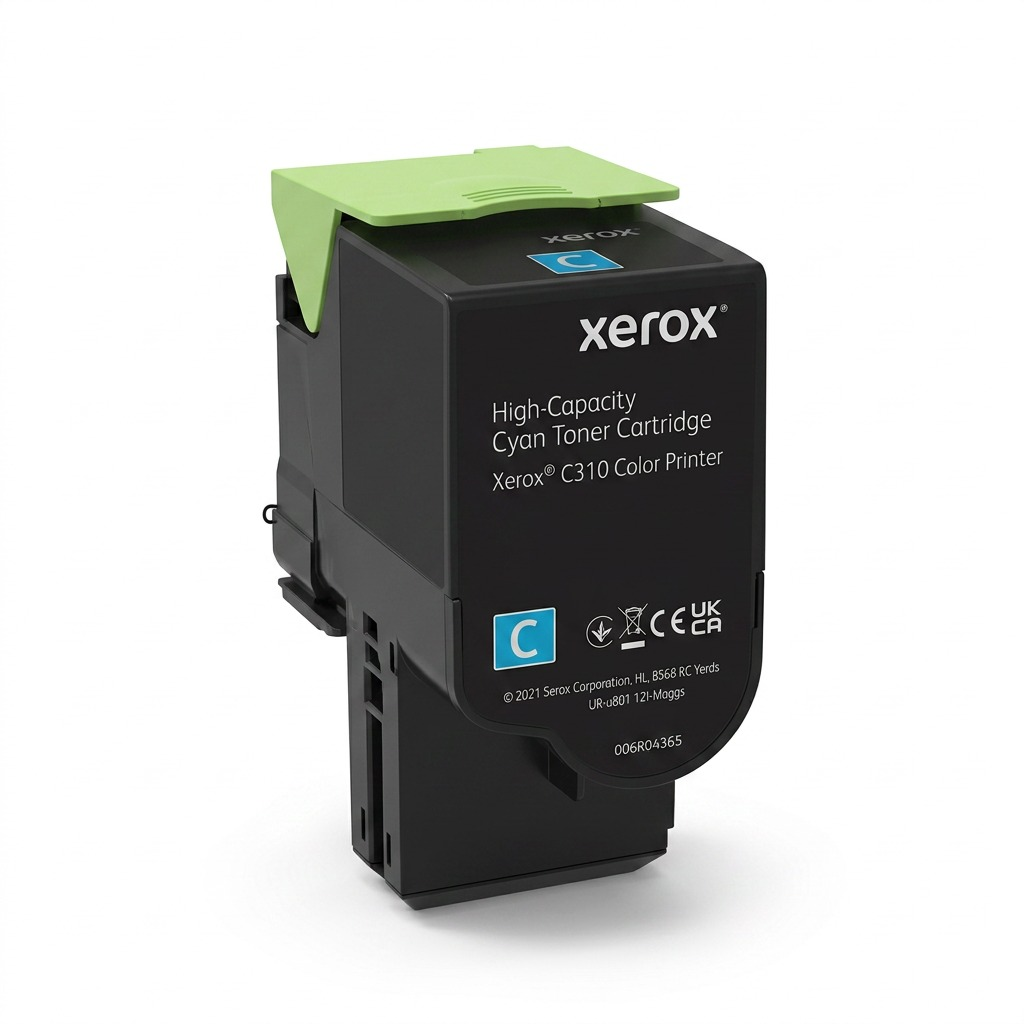 A front three-quarter view high-resolution shot of the Xerox 006R04365 cyan high capacity toner cartridge, with its light-green release handle, 'xerox' logo, and cyan indicator visible against a pure white background.