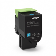 A front three-quarter view high-resolution shot of the Xerox 006R04365 cyan high capacity toner cartridge, with its light-green release handle, 'xerox' logo, and cyan indicator visible against a pure white background.