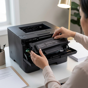 Canonically-accurate Xerox black toner cartridge resting inside a printer, illuminated by desk light.