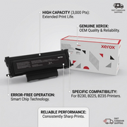 An ecommerce infographic callout image for a high-capacity Xerox black toner cartridge. Features clean pointer lines with concise factual benefits such as High 3,000 Page Yield for extended printing, Genuine Xerox ensure quality, Precise Compatibility with B230, B225, B235 printers, and Smart Chip for Error-Free operation. Includes small Canadian shipping icons.