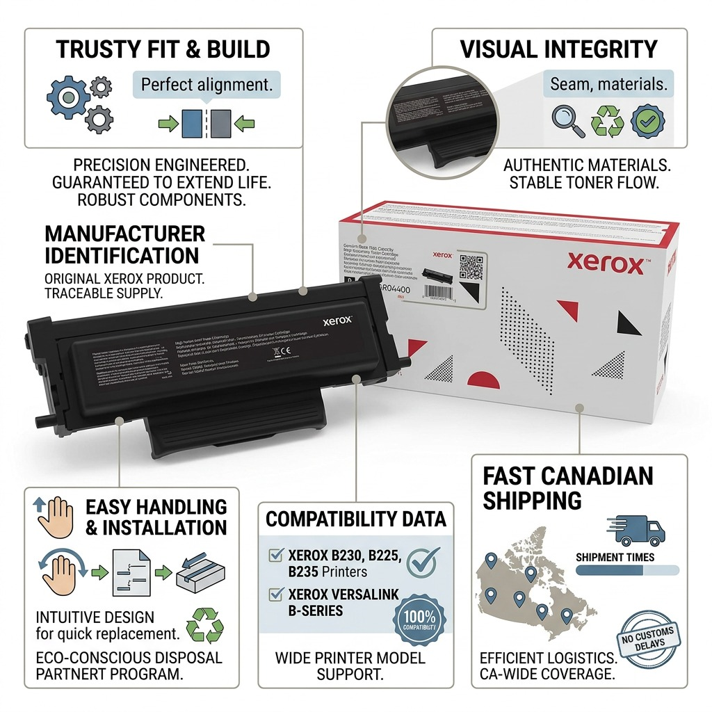 PDP visual matrix infographic showcasing features and trust factors for the Genuine Xerox 006R04400 High Capacity Toner.