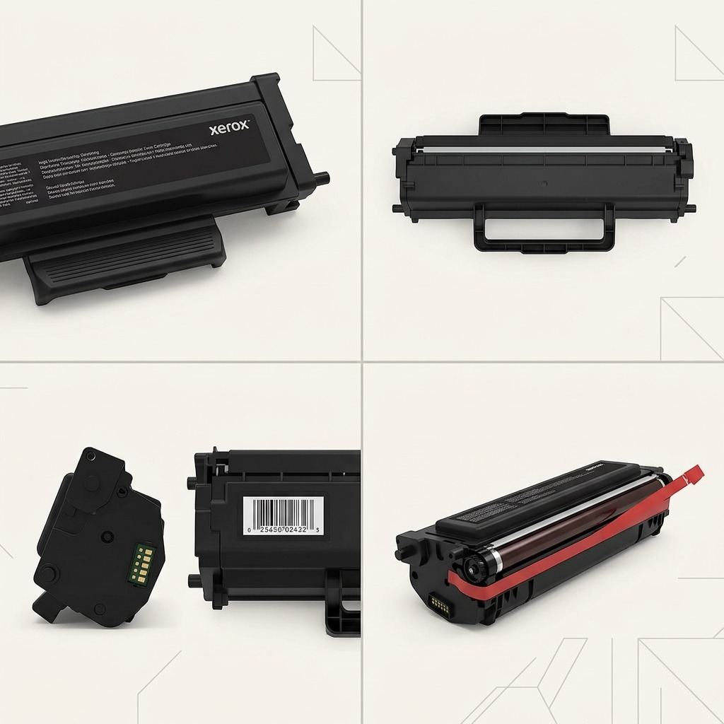 A multi-angle view matrix displaying the specific Xerox black toner cartridge in four distinct orientations.