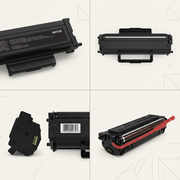 A multi-angle view matrix displaying the specific Xerox black toner cartridge in four distinct orientations.