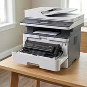 lifestyle, xerox toner cartridge, genuine, office environment, printing, product on printer, open tray, accurate detail, no packaging.