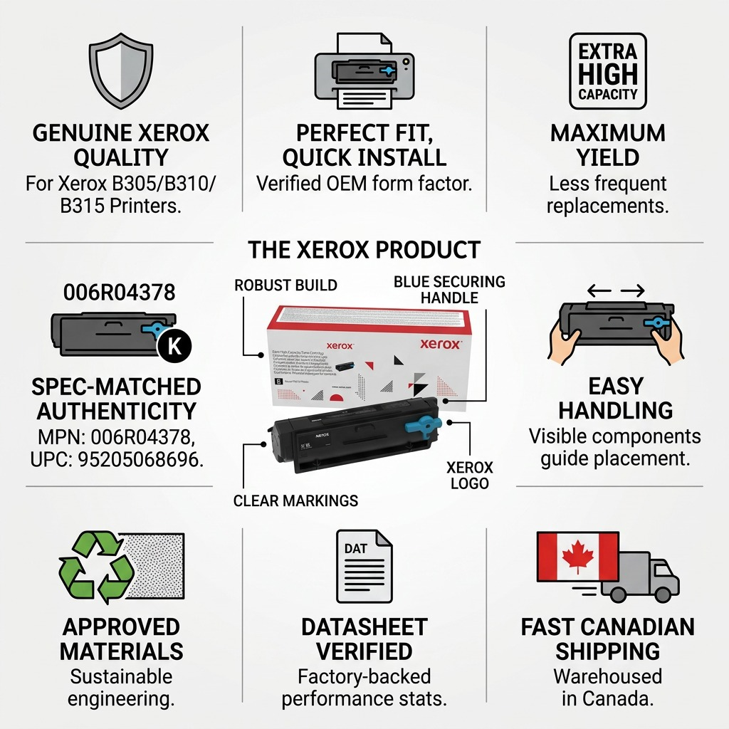 An infographic showing the trust and authority of the Xerox 006R04378 high capacity black toner.