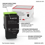 A polished visual feature infographic showcasing the key benefits of the Xerox C310 Black High Capacity Toner. Pointers highlight distinct areas, detailing "High Capacity," "Optimized Performance," and "Genuine Xerox Integration." The image presents a realistic product view and clean design.