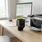 A photo-realistic lifestyle image of the genuine Xerox C310/C315 Black High-Capacity Toner Cartridge (as seen in image_0.png) sitting ready next to its open Xerox C310 Color Printer on a clean, light oak desk in a corporate home office, bathed in natural window light. (No packaging; real product scale).