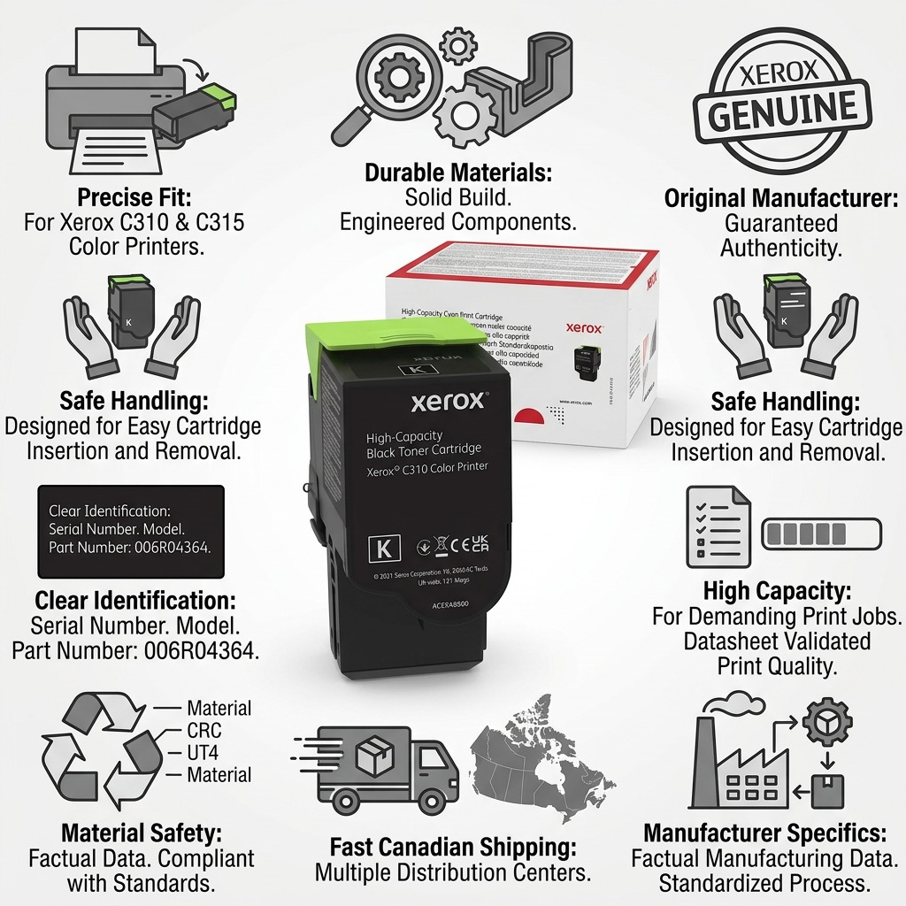 An infographic showing the Xerox C310 black toner with key trust metrics including genuine make, factual specs, and fast Canadian shipping.