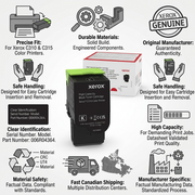 An infographic showing the Xerox C310 black toner with key trust metrics including genuine make, factual specs, and fast Canadian shipping.
