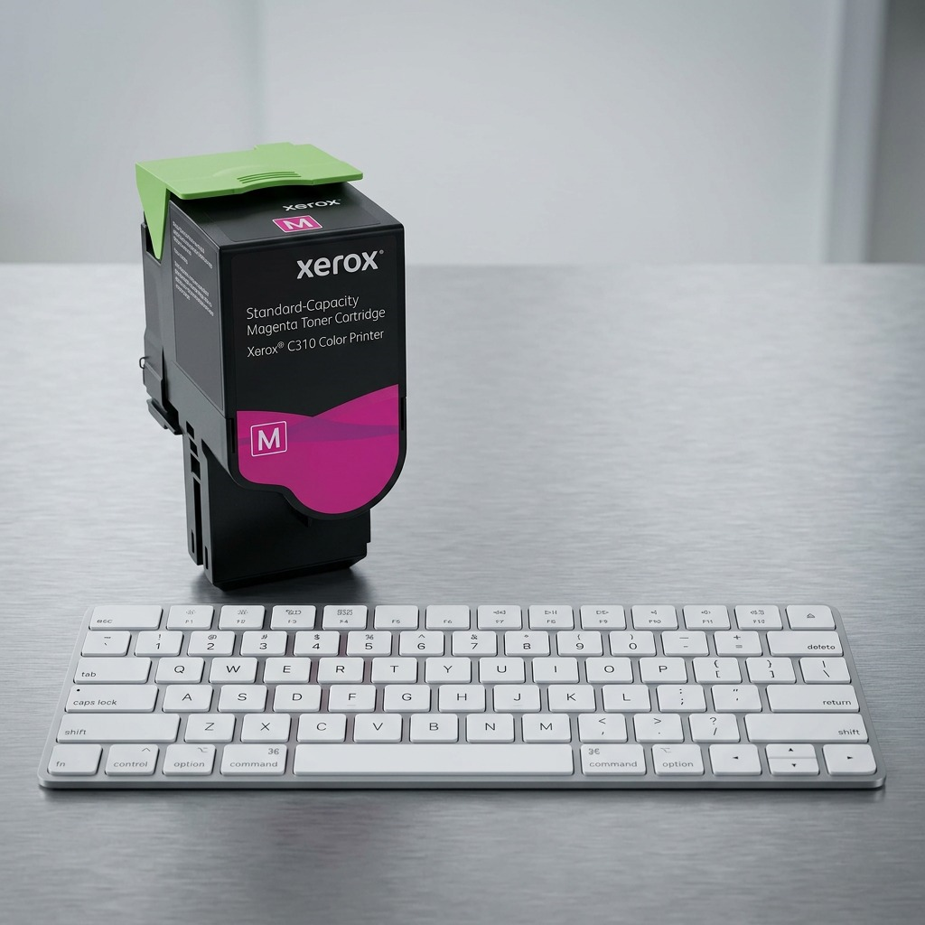 Xerox 006R04358 magenta toner cartridge with green latch standing next to an office keyboard for scale in a workspace.