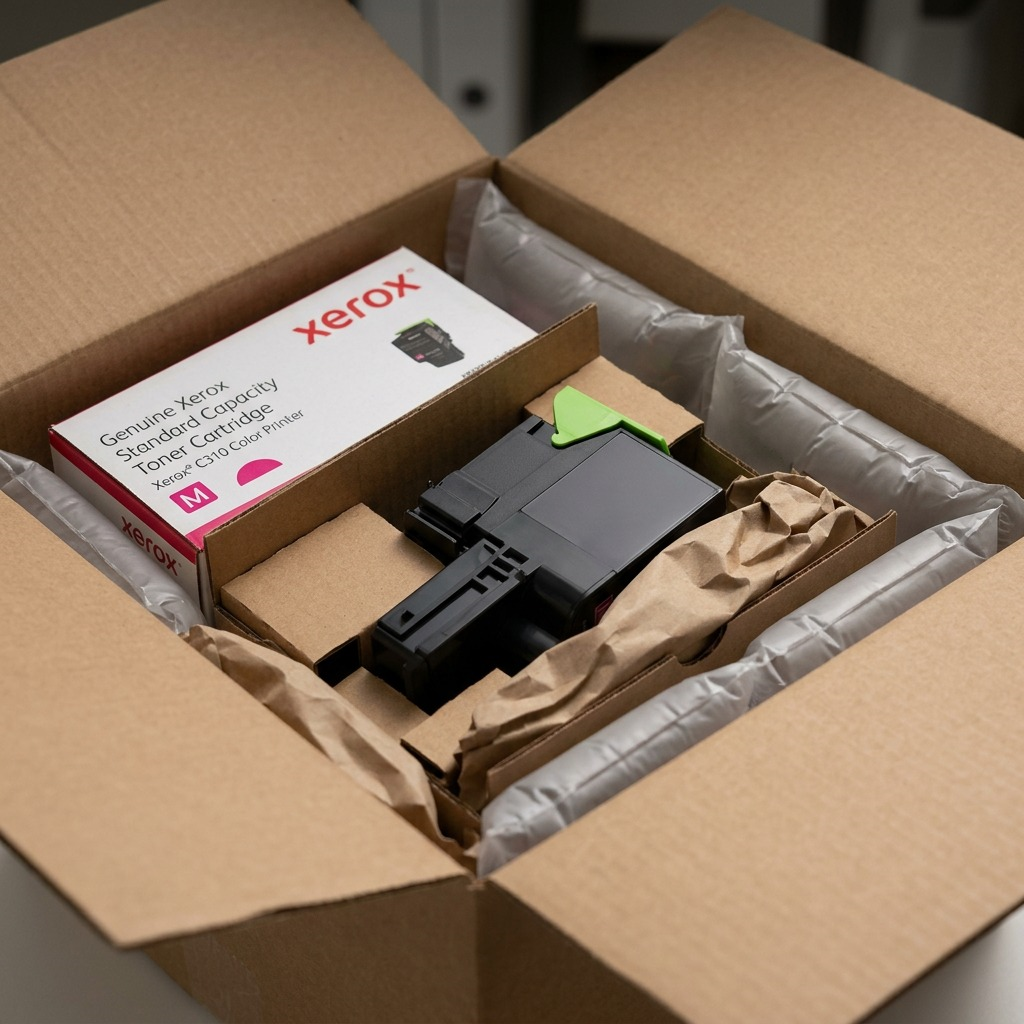 A premium, close-up photograph of the Xerox Magenta Standard Capacity Toner Cartridge, as seen in image_0.png, resting inside its open, padded cardboard retail shipping box. Custom-molded, recycled pulp inserts and protective air pillows are visibly securing the cartridge, demonstrating a secure and stress-free unboxing experience, all on a clean, light surface.