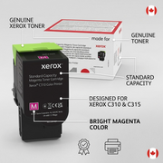 PDP feature infographic of Xerox 006R04358 magenta toner, highlighting genuine toner, capacity, compatibility, and color.